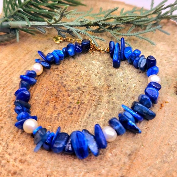 Nature Blue Kyanite Chips White Pearl Adjustable Bracelet - Picture 4 of 10